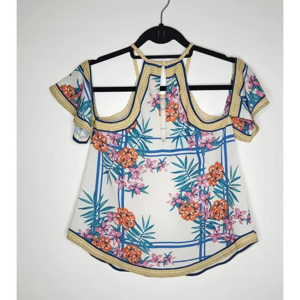 Flying Tomato Shirt XS Ivory Floral Cold Shoulder Boho Summer Top Tropical - Picture 5 of 7